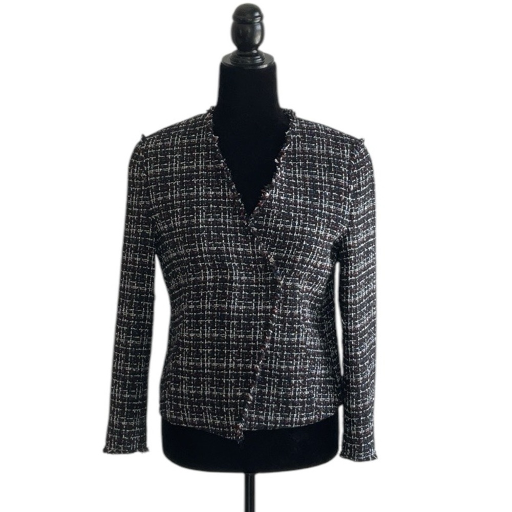 HUGO BOSS Women’s Jemilia Black White Tweed Collarless Jacket 3/4 Sleeve, 4